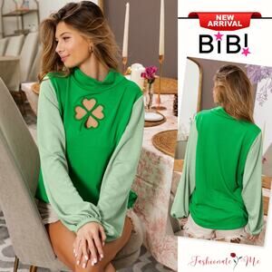 BiBi Color Block Clover Cut Out Detail Long Puff Sleeves Relaxed Fit Top | Green
